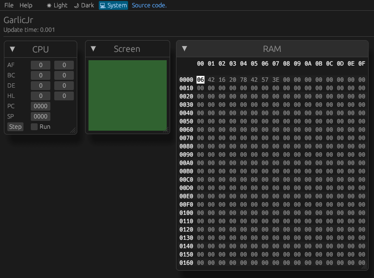 Screenshot of the GarlicJr Game Boy emulator showing a view of the CPU, RAM, and the Game Boy screen